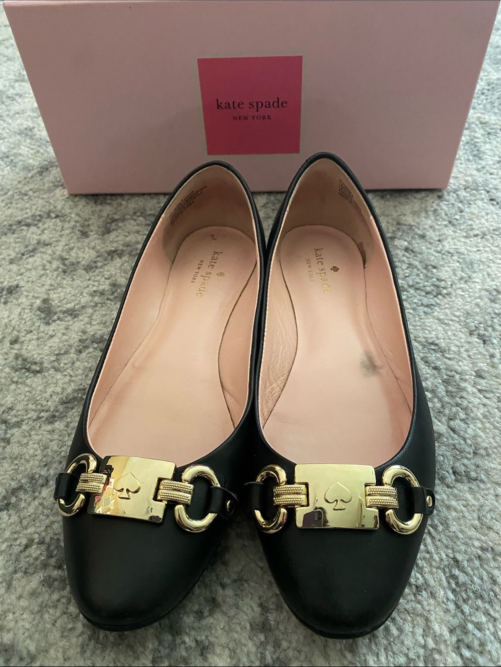 kate spade Black Leather Flats with Gold Spade Hardware